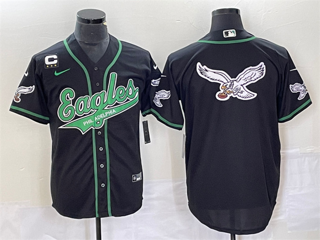 Men's Philadelphia Eagles Black Team Big Logo With C Patch Cool Base Stitched Baseball Jersey